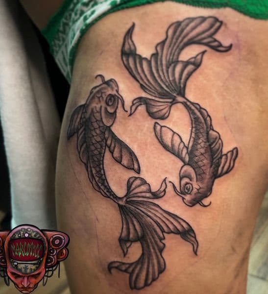Black & Grey + Japanese koi fish tattoo on Thigh by Marco_KingsB on TattMe