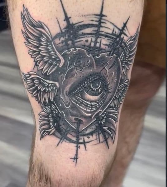 Black & Grey + Surrealism heart tattoo on Thigh by Luc_Baker on TattMe