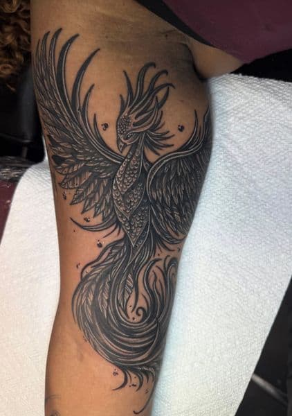 Black & Grey + Illustrative phoenix tattoo on Thigh by Luc_Baker on TattMe