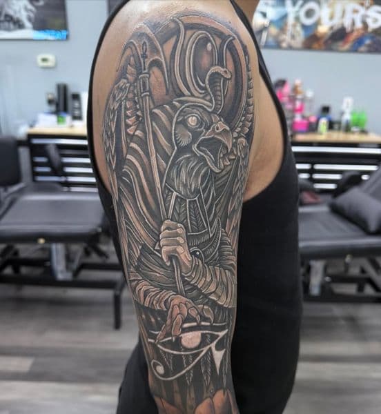Black & Grey + Illustrative egyptian god tattoo on Half Sleeve by Luc_Baker on TattMe