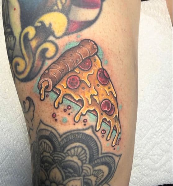 Cartoon + Mandala pizza tattoo on Thigh by Luc_Baker on TattMe