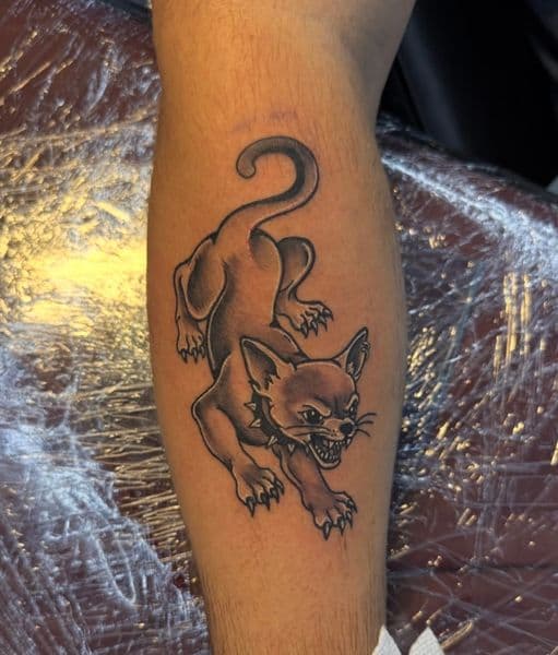 Black & Grey + Neo-Traditional panther tattoo on Calf by Luc_Baker on TattMe