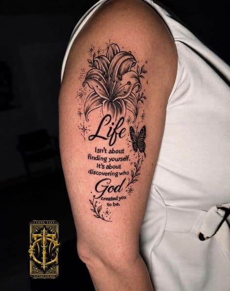 Black & Grey + Fine Line lily tattoo on Upper Arm by Cuong_Tatt on TattMe