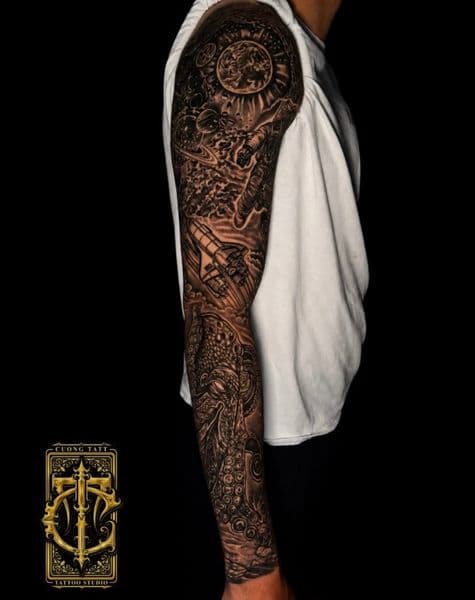 Black & Grey + Illustrative space tattoo on Full Sleeve by Cuong_Tatt on TattMe