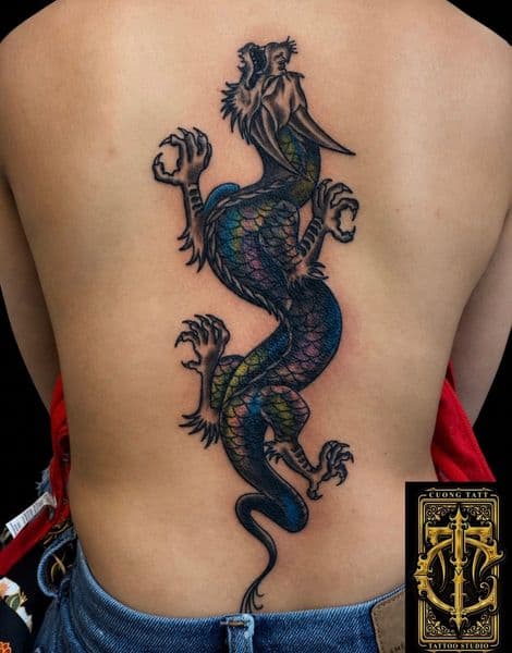 Japanese + Color dragon tattoo on Spine by Cuong_Tatt on TattMe