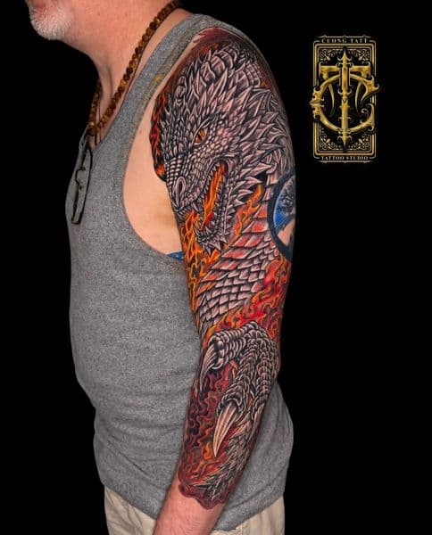 Realism + Color dragon tattoo on Full Sleeve by Cuong_Tatt on TattMe