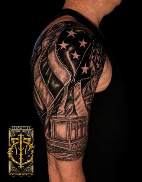 Black & Grey + Realism American flag tattoo on Half Sleeve by Cuong_Tatt on TattMe