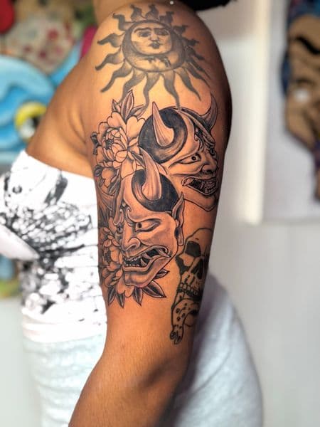 Black & Grey + Japanese hannya masks tattoo on Upper Arm by ClaudThaCreeator on TattMe