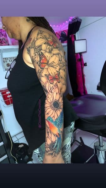 Color + Illustrative butterflies tattoo on Full Sleeve by ClaudThaCreeator on TattMe