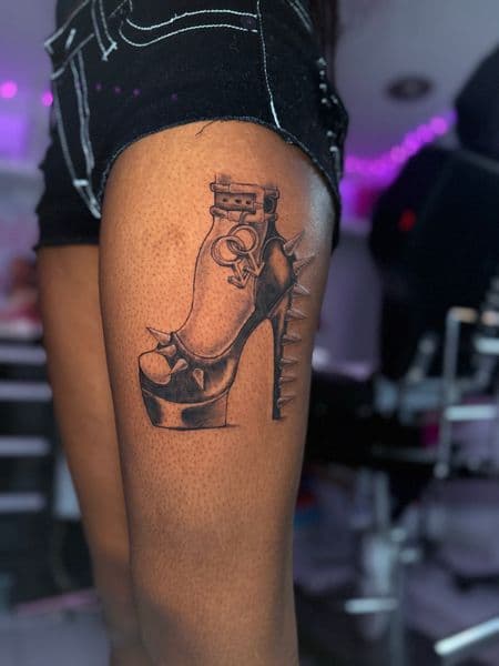 Black & Grey high heel tattoo on Thigh by ClaudThaCreeator on TattMe