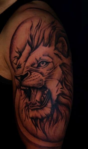 Black & Grey + Realism lion tattoo on Upper Arm by InkByWayne on TattMe