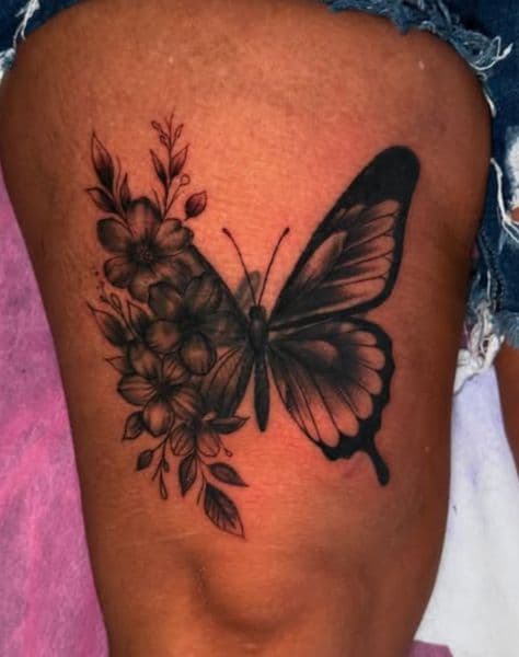 Black & Grey + Illustrative butterfly tattoo on Thigh by InkByWayne on TattMe