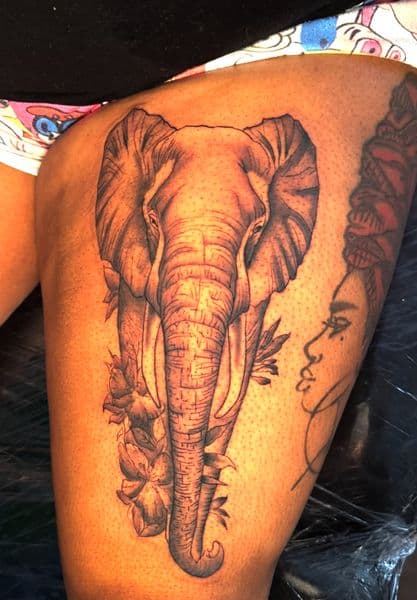 Black & Grey + Realism elephant tattoo on Thigh by InkByWayne on TattMe
