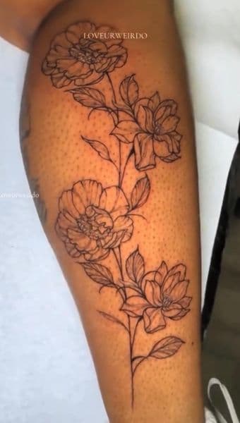 Fine Line + Line-work flowers tattoo on Calf by Draya_Lilith on TattMe