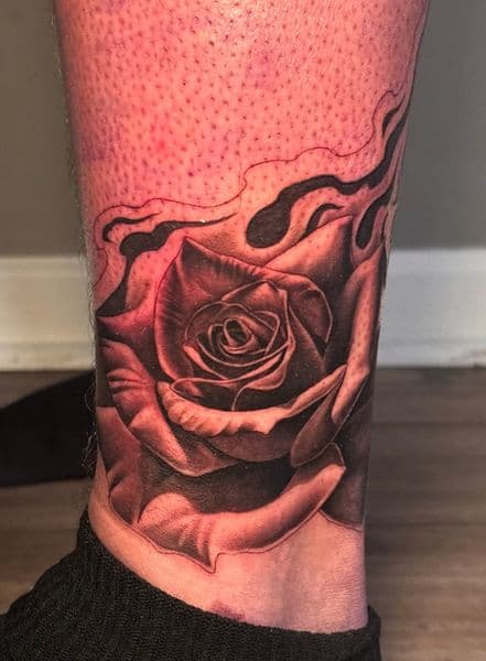 Realism + Black & Grey rose tattoo on Calf by Jinx on TattMe