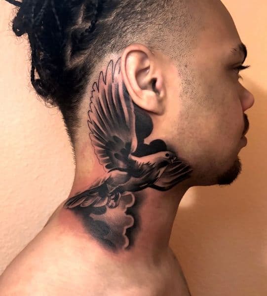 Black & Grey + Realism dove tattoo on Neck (Side) by Jinx on TattMe