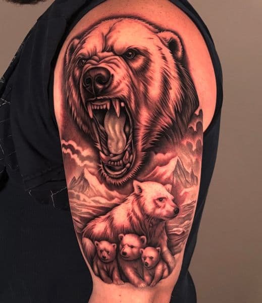 Realism + Black & Grey bear tattoo on Upper Arm by Jinx on TattMe