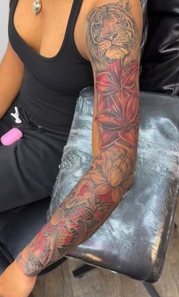 Realism + Color tiger tattoo on Full Sleeve by gawddy on TattMe