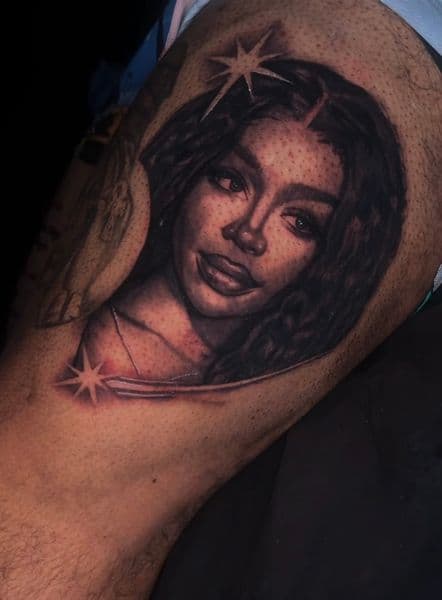 Black & Grey + Realism portrait tattoo on Thigh by Maximilian_Lontos on TattMe