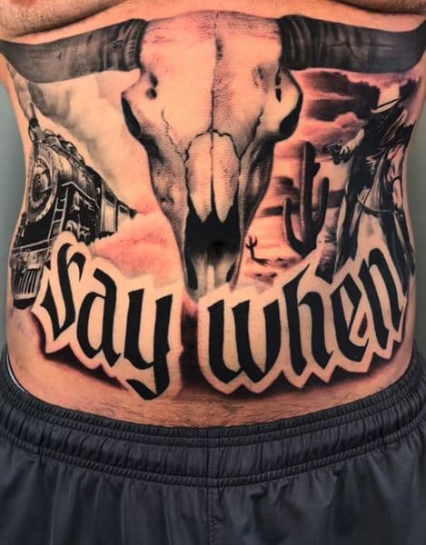 Black & Grey + Lettering bull skull tattoo on Stomach by Maximilian_Lontos on TattMe