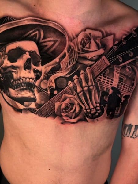 Black & Grey + Realism skull tattoo on Chest by Maximilian_Lontos on TattMe