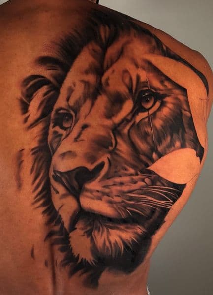 Realism + Black & Grey lion tattoo on Shoulder Blade by Maximilian_Lontos on TattMe