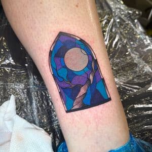 Color + Geometric stained glass tattoo on Calf by Kiwi on TattMe