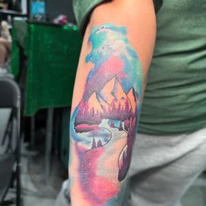 Watercolor + Illustrative mountains tattoo on Upper Arm by Kiwi on TattMe