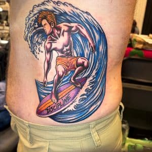 Color + New School surfer tattoo on Ribs by Kiwi on TattMe