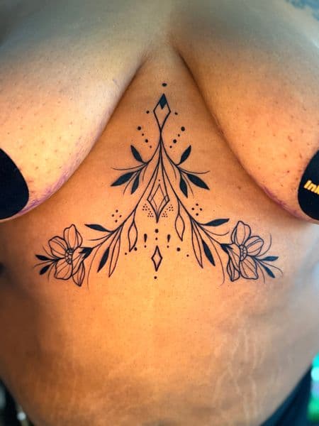 Fine Line + Black-work floral tattoo on Sternum by Kiwi on TattMe