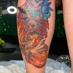 Color + Illustrative jack skellington tattoo on Calf by Kiwi on TattMe