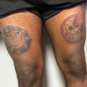 Color + Illustrative sun tattoo on Thigh by Kiwi on TattMe