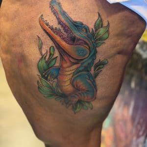 New School + Color alligator tattoo on Thigh by Kiwi on TattMe