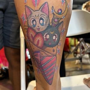 Anime + Color cats tattoo on Calf by Kiwi on TattMe