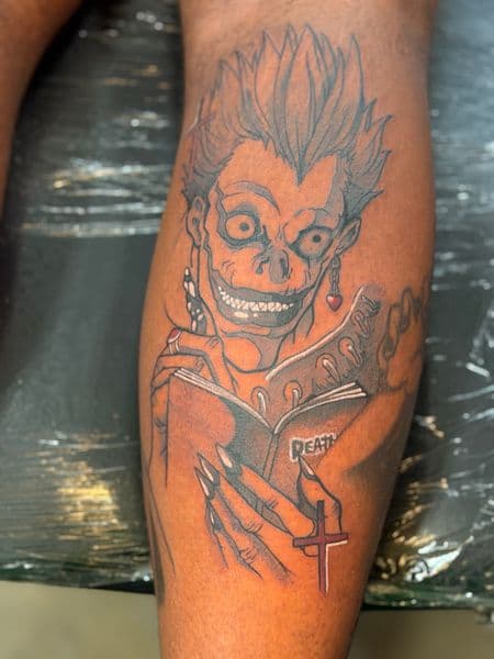 Anime + Illustrative ryuk tattoo on Calf by Kiwi on TattMe