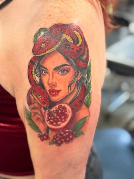 Illustrative + Color woman tattoo on Upper Arm by Kiwi on TattMe