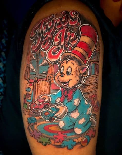 Color + New School cat tattoo on Upper Arm by Yaya on TattMe