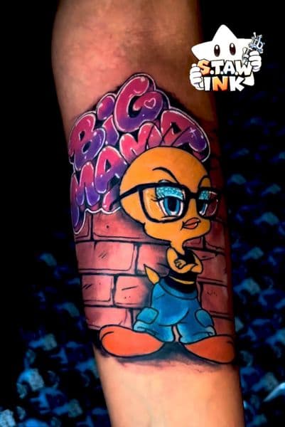 Cartoon + New School tweety bird tattoo on Upper Arm by Yaya on TattMe
