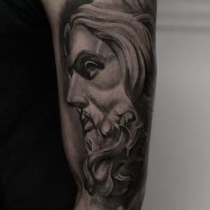 Black & Grey jesus statue tattoo on Upper Arm by Tattoos_By_Danny_Cruz on TattMe