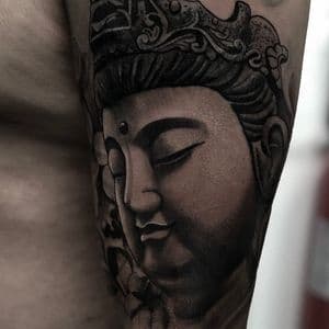 Black & Grey + Realism buddha tattoo on Upper Arm by Tattoos_By_Danny_Cruz on TattMe