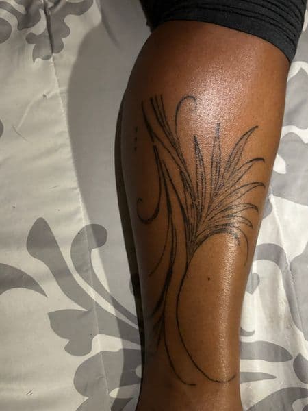 Line-work + Black-work leaves tattoo on Calf by tatsbyNunu on TattMe
