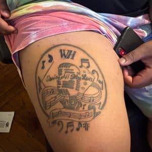 Black-work + Lettering microphone tattoo on Thigh by tatsbyNunu on TattMe