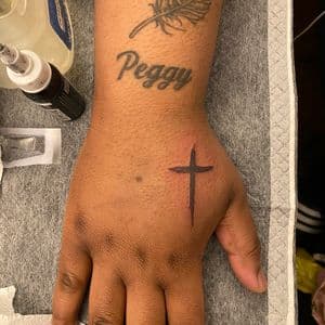 Line-work + Minimalist cross tattoo on Hand by tatsbyNunu on TattMe
