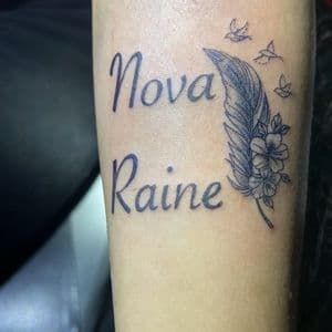 Black & Grey feathers, flowers, name tattoo by Gifted_j_ on TattMe