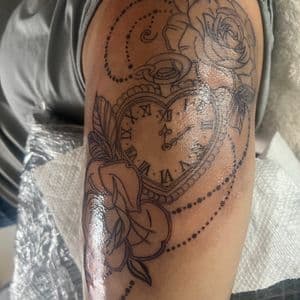 Black & Grey + Traditional flowers, clock, leafs tattoo by Gifted_j_ on TattMe