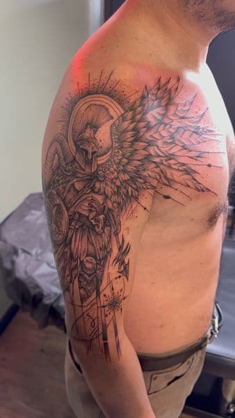 Black & Grey + Illustrative warrior tattoo on Half Sleeve by InkedbyJunior on TattMe