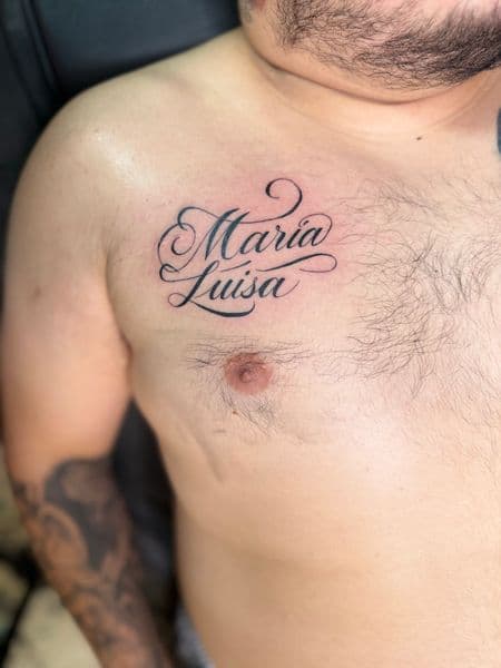 Script + Lettering names tattoo on Chest by InkedbyJunior on TattMe