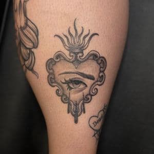 Black & Grey + Neo-Traditional Neo trad sacred heart tattoo on Calf by InkedbyJunior on TattMe
