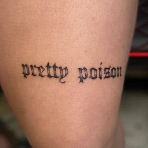 Black & Grey + Fine Line text tattoo on Thigh by InkedbyJunior on TattMe
