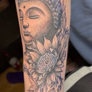 Fine Line + Black & Grey Buddha flower quarter sleeve tattoo on Forearm by InkedbyJunior on TattMe